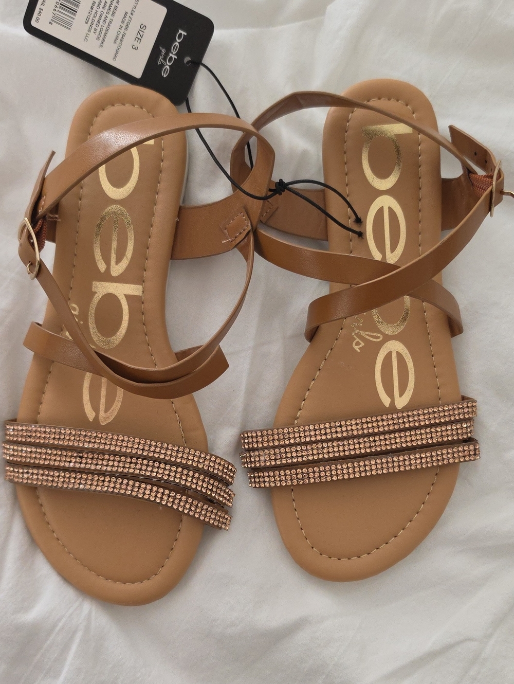 NWT Bebe Tan Strappy Sandals with Rhinestone Bands Girl's Size 3